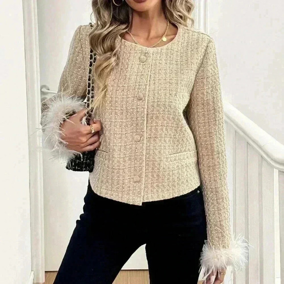 Khaki Elegant Women's Round Neck Button Long Sleeve Tweed Faux Fur Trim Jacket - Picture 3 of 5